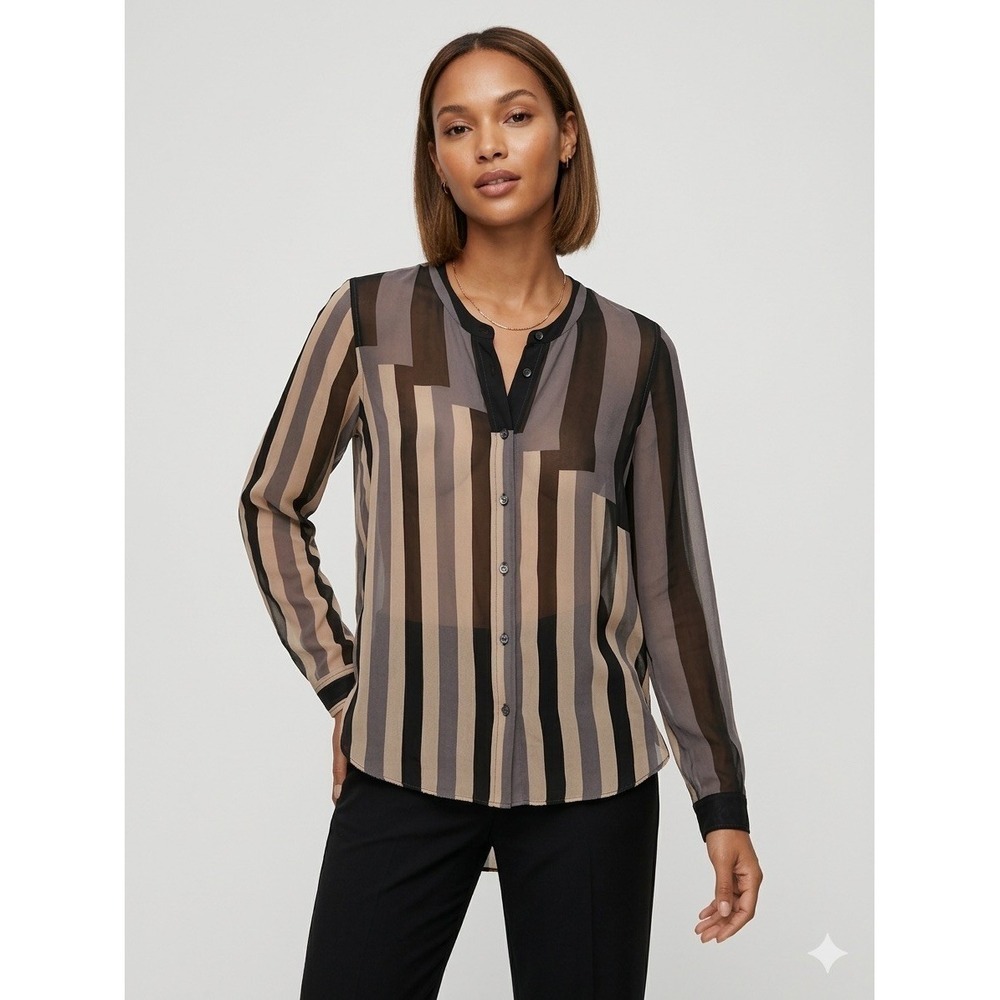 Wilfred Aritzia 100% Silk Striped Blouse Button Front Tan Grey Black Small